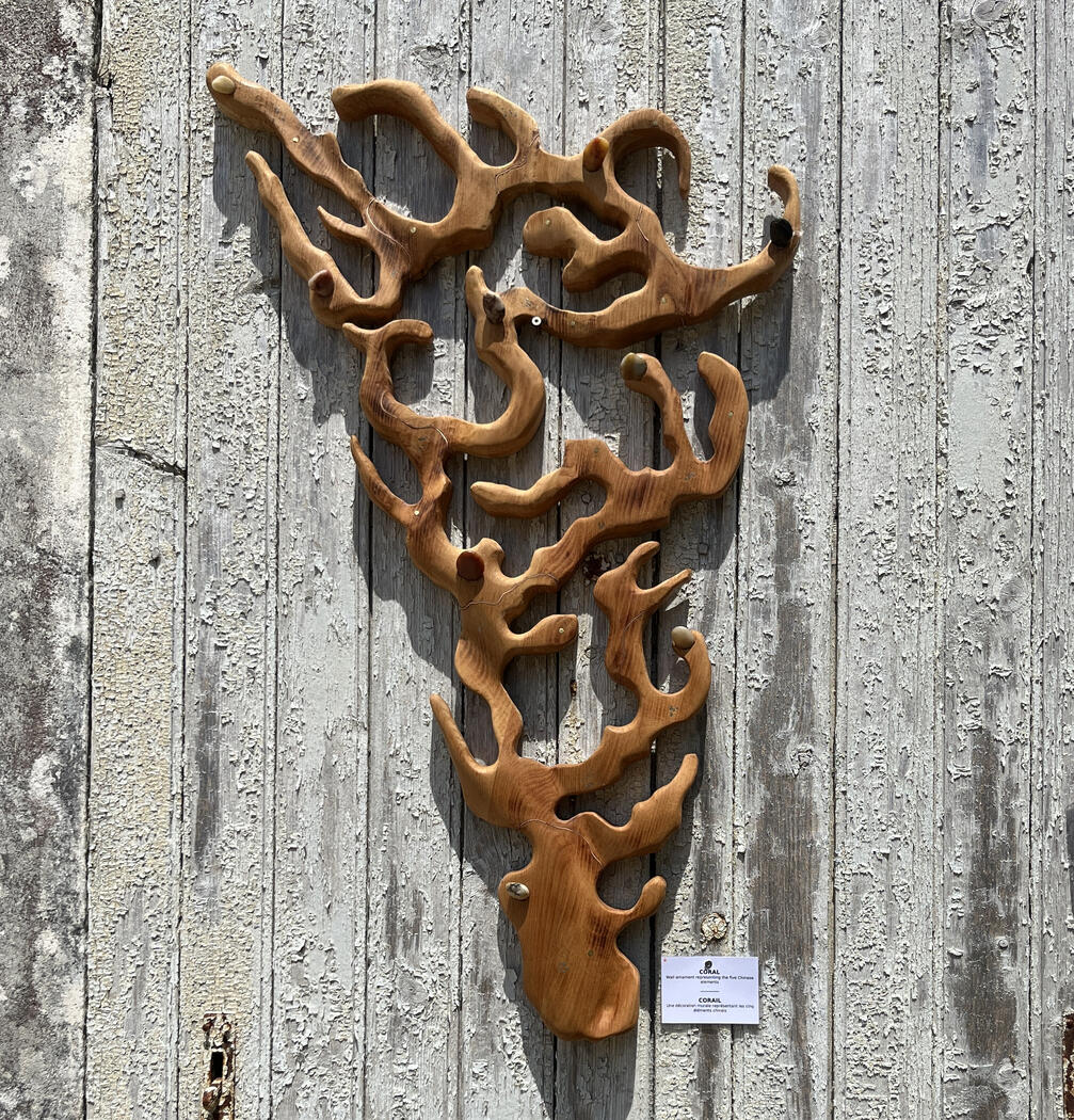 Upcycled timber staircase offcut, scorched wood, metal wire, Atlantic beach stones. H: 90 cm x W: 50 cm | Wall sculpture