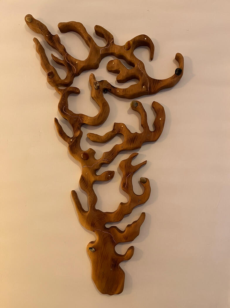 Upcycled timber staircase offcut, scorched wood, metal wire, Atlantic beach stones. H: 90 cm x W: 50 cm | Wall sculpture
